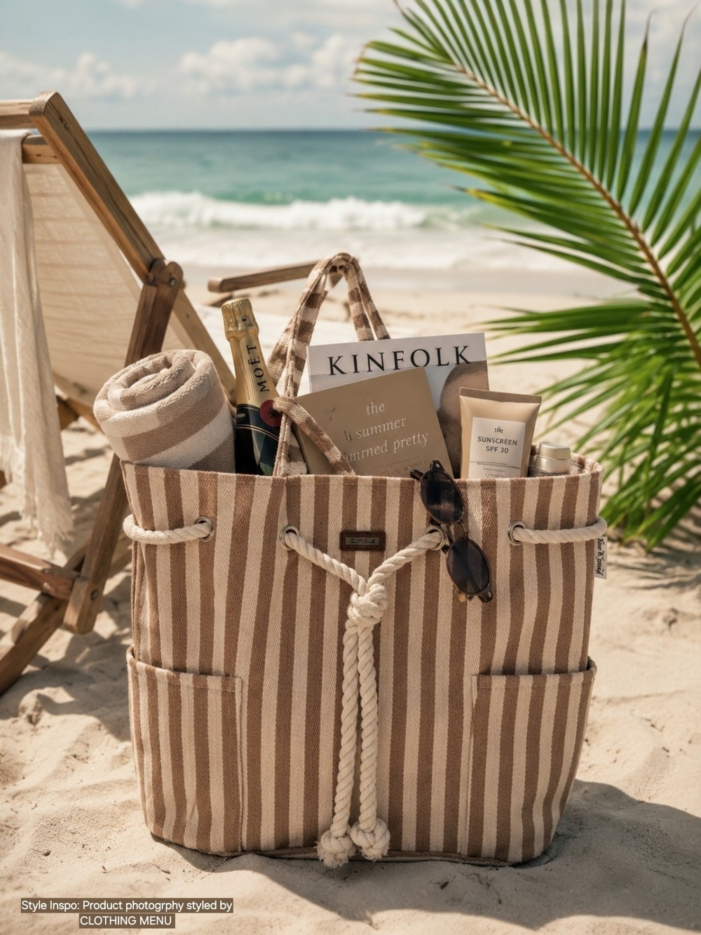 SUN and SAND Cream and Brown Stripe Tote Bag with Rope Closure Detail NWT